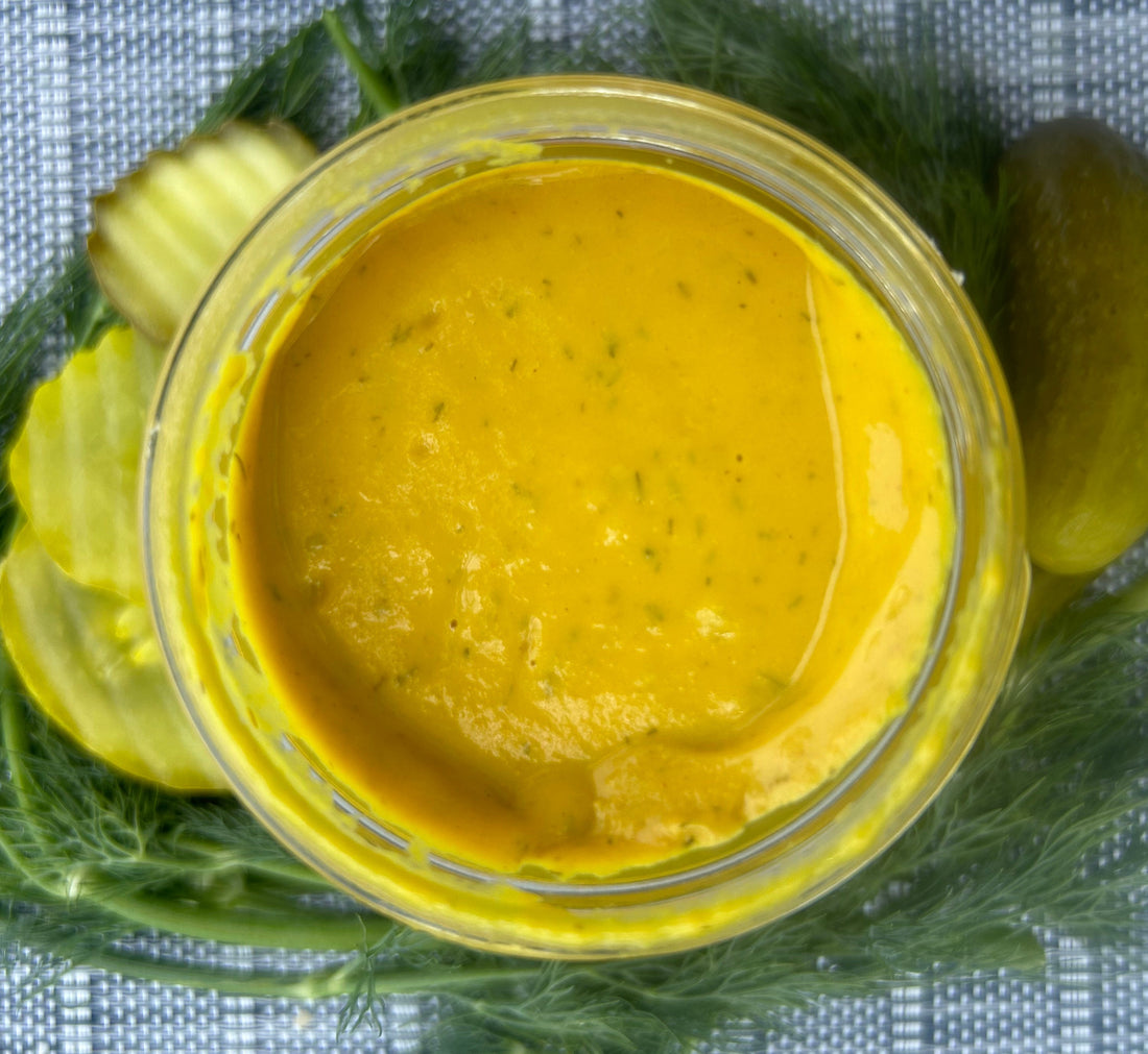 Open jar of Milwaukee Pretzel Company Dill Pickle Mustard